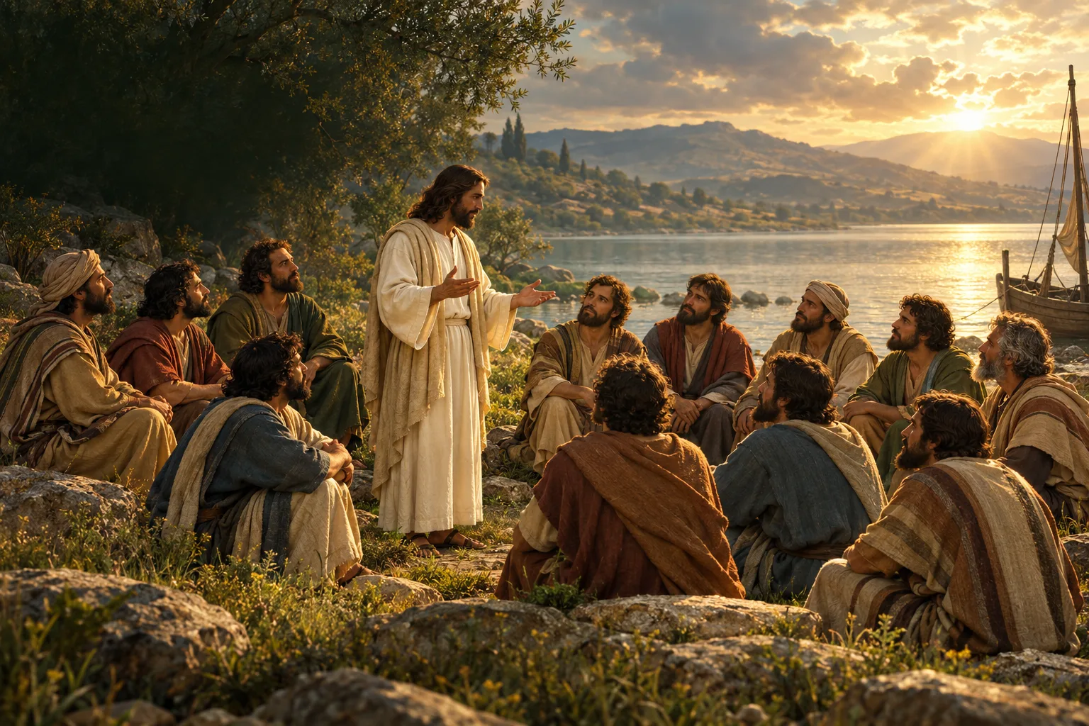 Artistic illustration of Jesus teaching disciples in Galilee